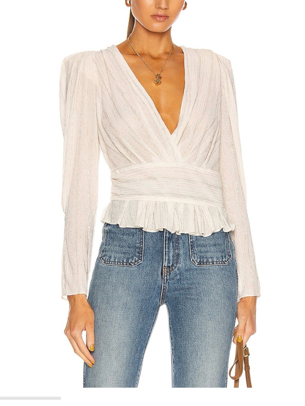IRO Joono Metallic Crinkled V-Neck Long Sleeve Ruffle Hem Blouse 40/ US 8